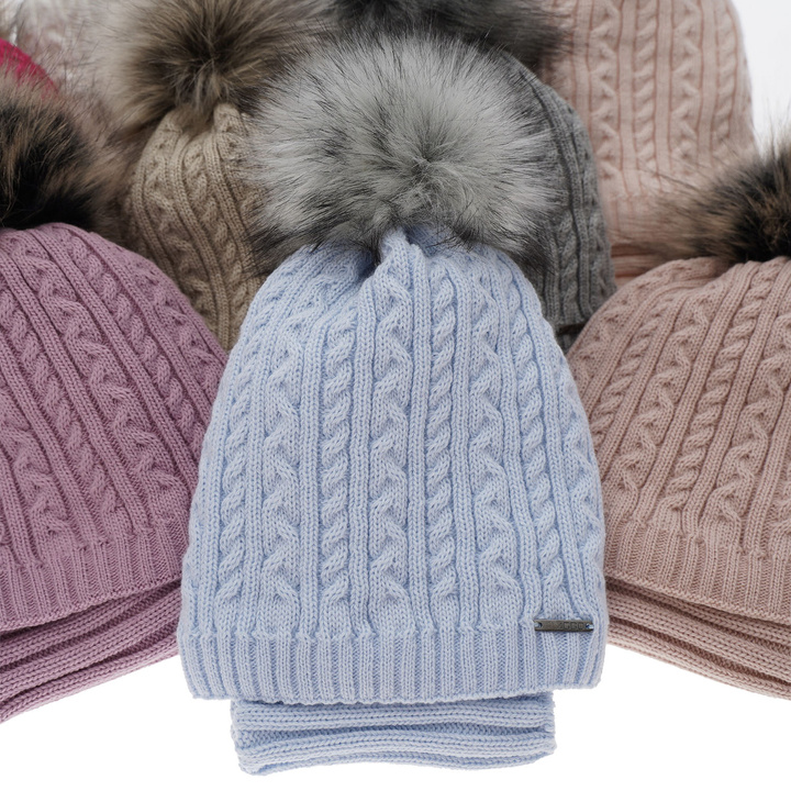 Girl's winter set: hat and tube scarf pink Rima with pompom