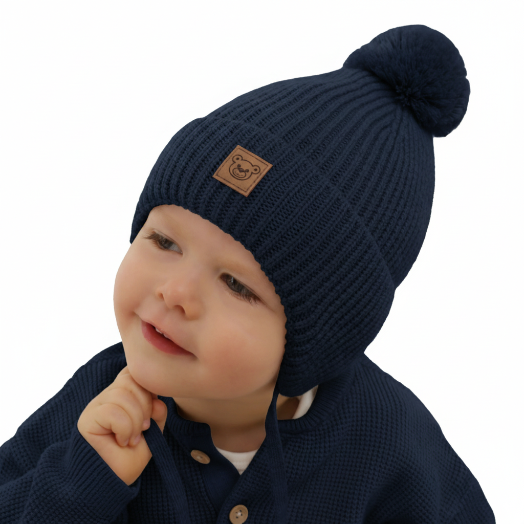 Boy's winter hat navy blue 100% extra fine merino wool, lined with wool fleece Tofik