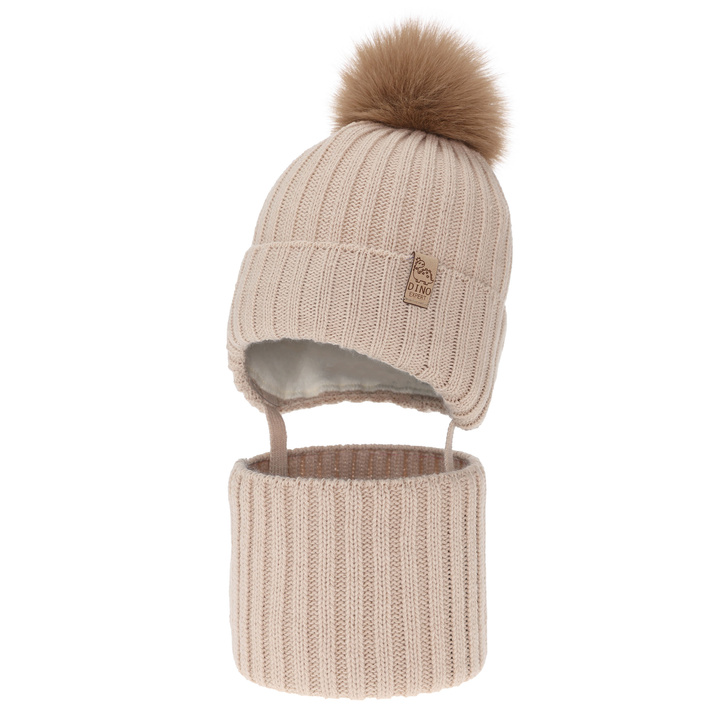 Boy's winter set: hat and tube scarf, beige, with pompom, Bagil