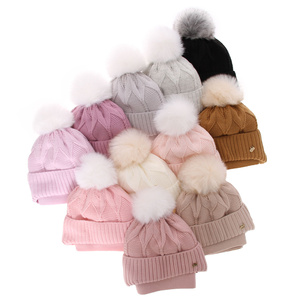 Girl's winter set: hat and scarf beige Altina with pompom