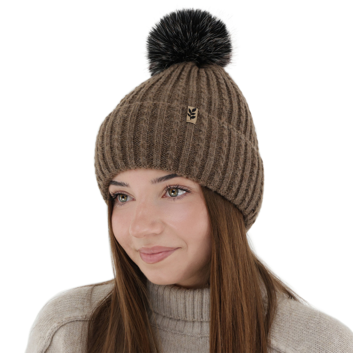 Woman's winter hat, brown, with pompom, Calista