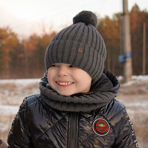 Boy's winter set: hat and tube scarf grey Wiliam with pompom