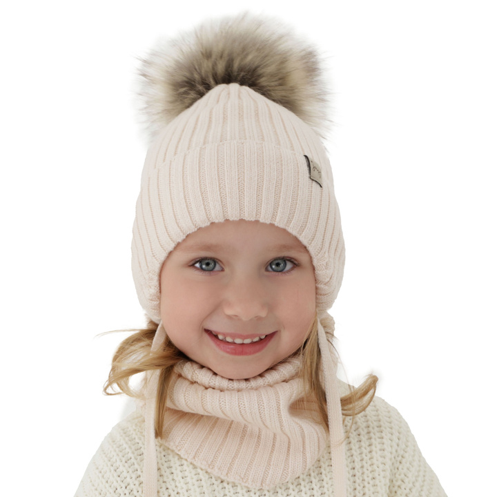 Girl's winter set: hat and tube scarf beige made of 100% extra fine merino wool Junika
