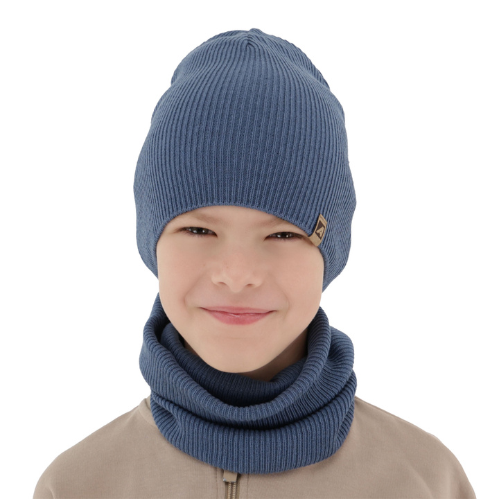 Boy's spring, autumn set: hat and tube scarf, with cotton, blue, Lucer