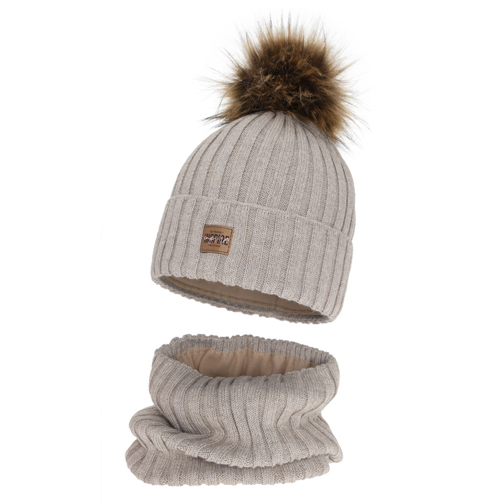Girl's winter set: hat and tube scarf, beige, fleece lining, with merino wool, Bellina