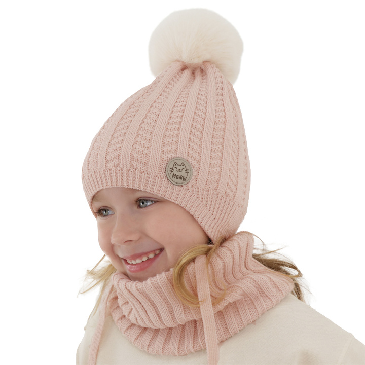 Girl's winter set: hat and tube scarf pink with pompom Kenta