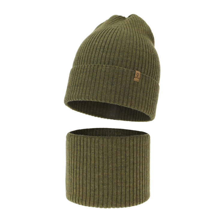 Boy's spring/ autumn set: hat and tube scarf khaki 100% extra finemerino wool Lemas