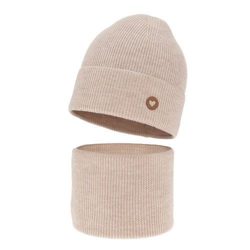 Girl spring autumn set hat and tube scarf beige 100% extra fine merino wool Brook