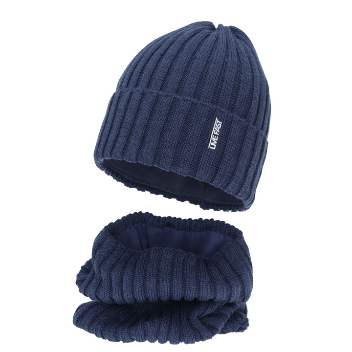 Boy's winter set: hat and tube scarf, blue, with merino wool, fleece lining, Banasko
