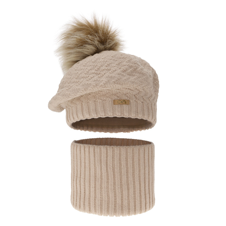 Girl's winter set: hat and tube scarf beige Atene with pompom