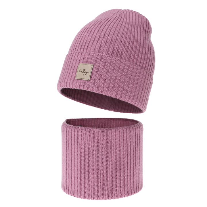 Girl spring, autumn set: hat and tube scarf, pink, 100% merino wool, Vanita