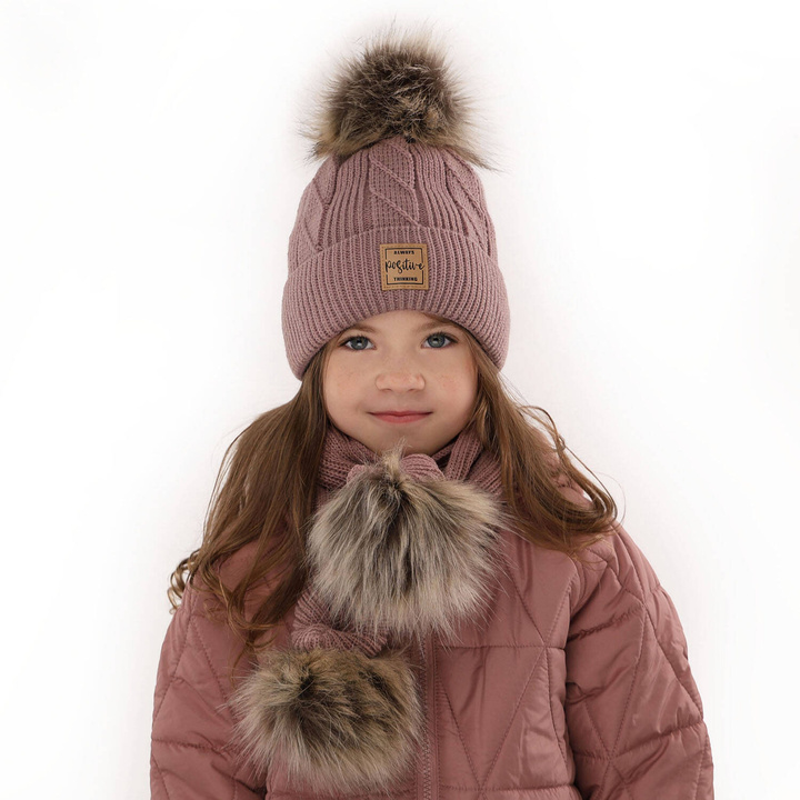 Girl's winter set: hat and scarf grey Gabriela with two pompom