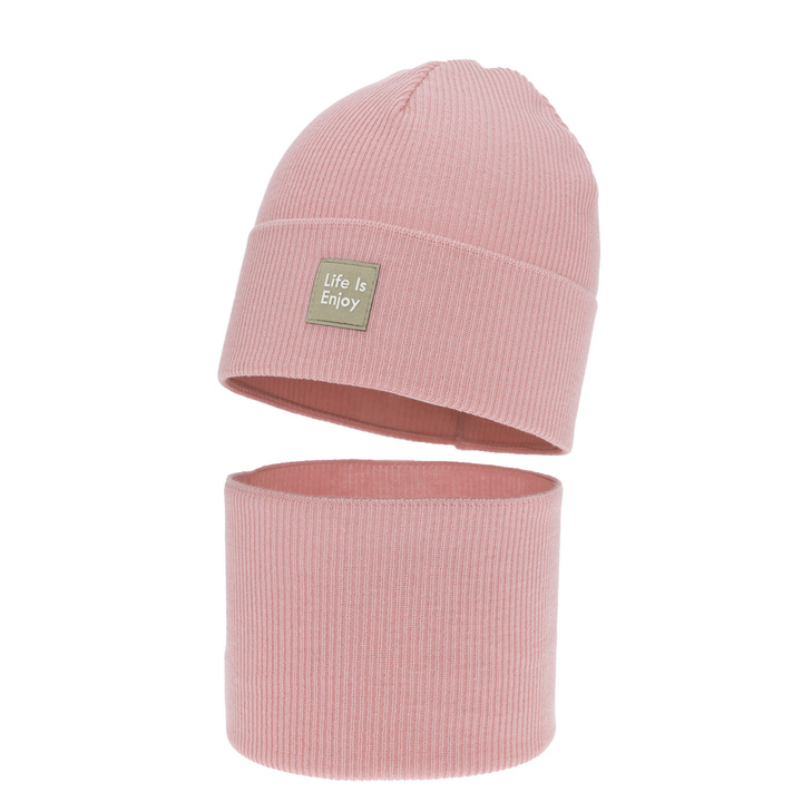 Girl's spring, autumn set: hat and tube scarf, with cotton, pink, Zola