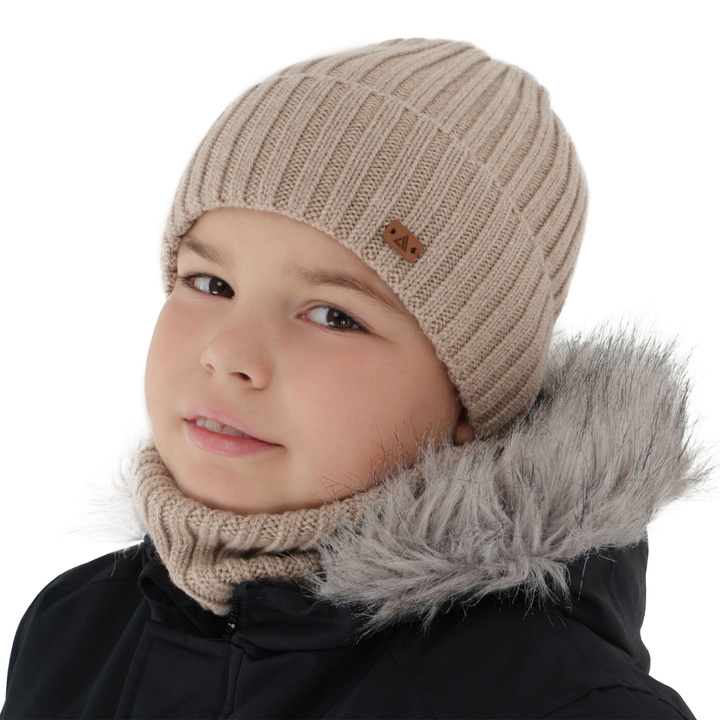 Boy's winter set: hat and tube scarf, beige, 100% merino wool, Umberto