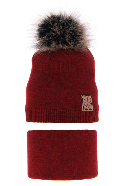 Girl's winter set: hat and tube scarf burgund Apolinka with pompom