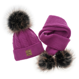 Girl's winter set: hat and scarf grey Gabriela with two pompom