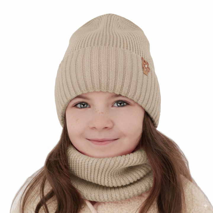 Girl's winter set: hat and tube scarf beige 100% extra finemerino wool Nelita