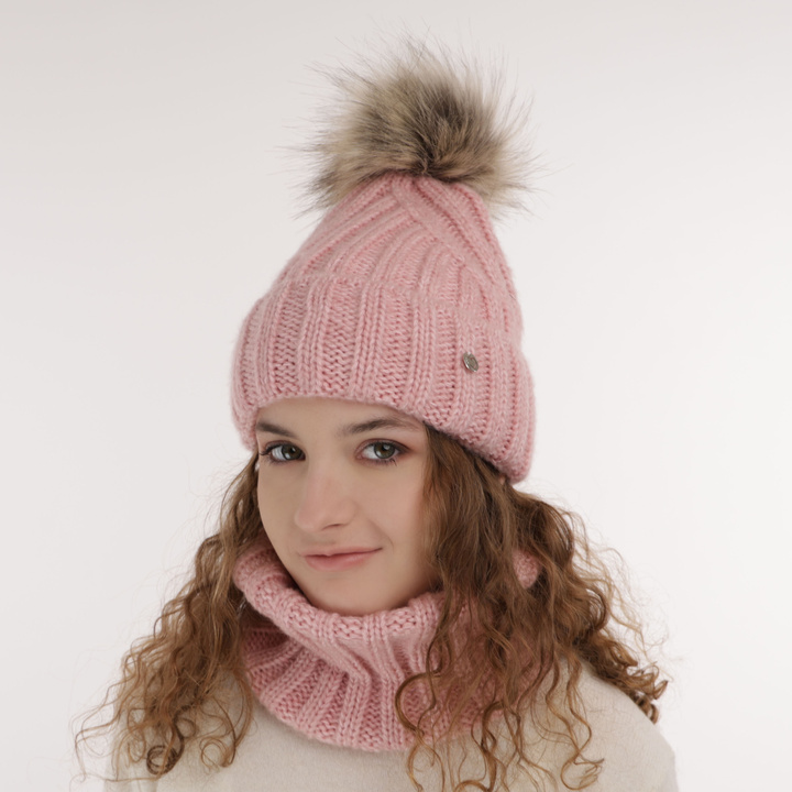 Girl's winter set: hat and tube scarf white Polaris with pompom