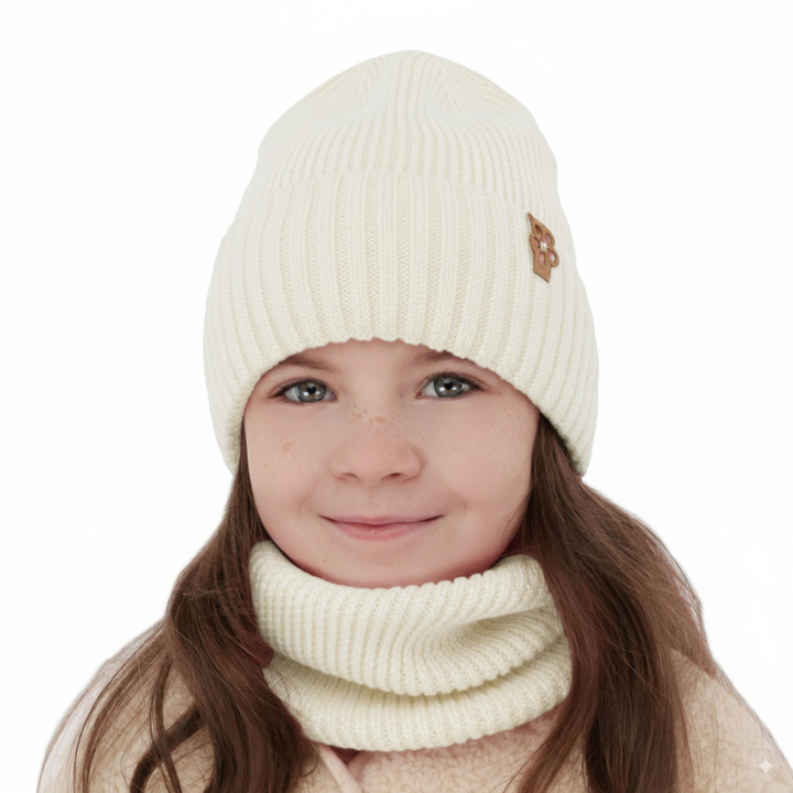 Girl's winter set: hat and tube scarf ecru 100% extra finemerino wool Nelita