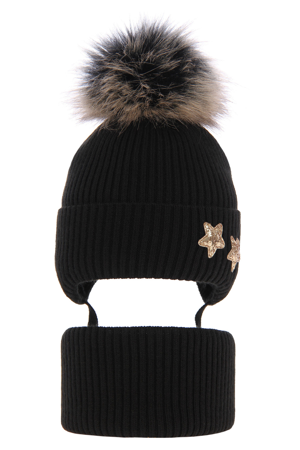 Girl's winter set: hat and tube scarf black Delicja with pompom 