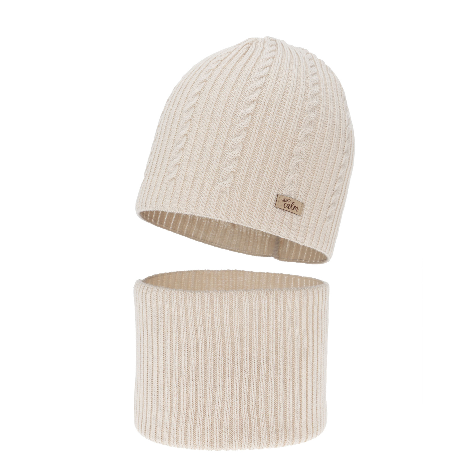 Girl's spring, autumn set: hat and tube scarf, beige, with cotton, Ordesa