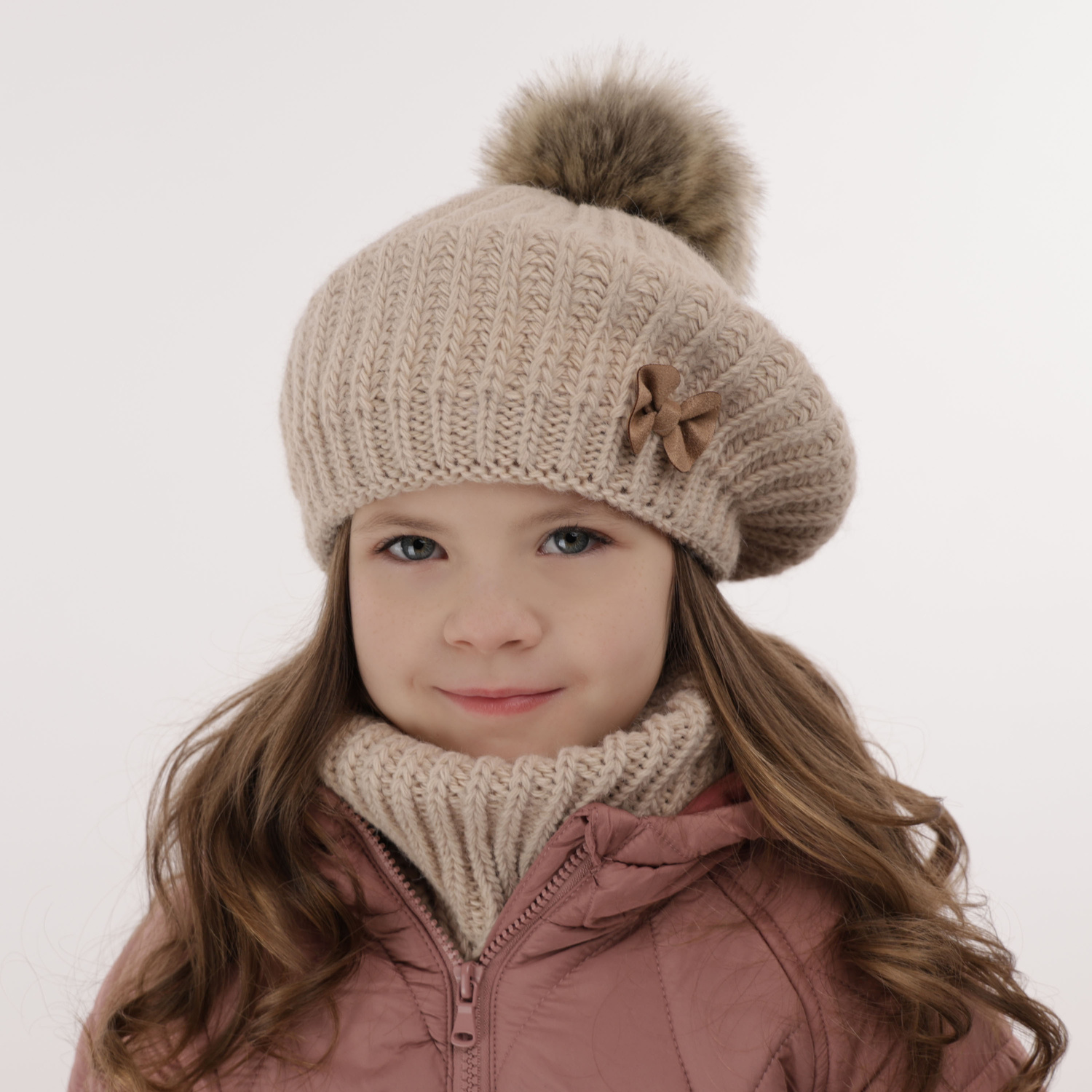 Girl's winter set: hat and tube scarf pink Polinezja with pompom