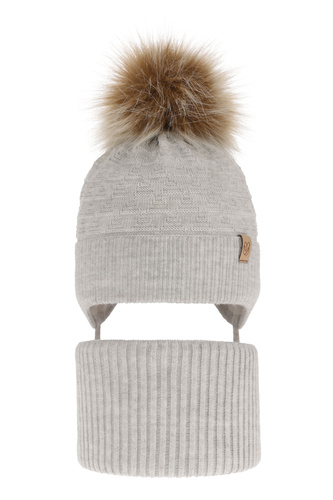 Girl's winter set: hat and tube scarf grey with pompom Egeria