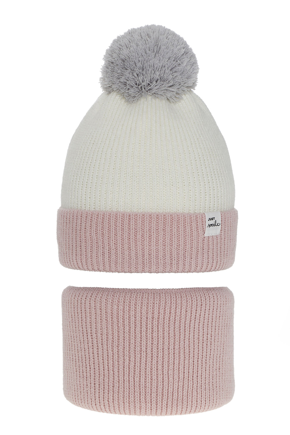 Girl's winter set: hat and tube scarf pink Rosalin with pompom