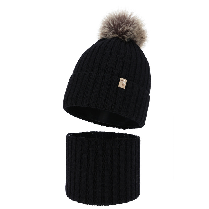 Girl's winter set: hat and tube scarf, black, 100% merino wool, cotton lining, with pompom, Terida