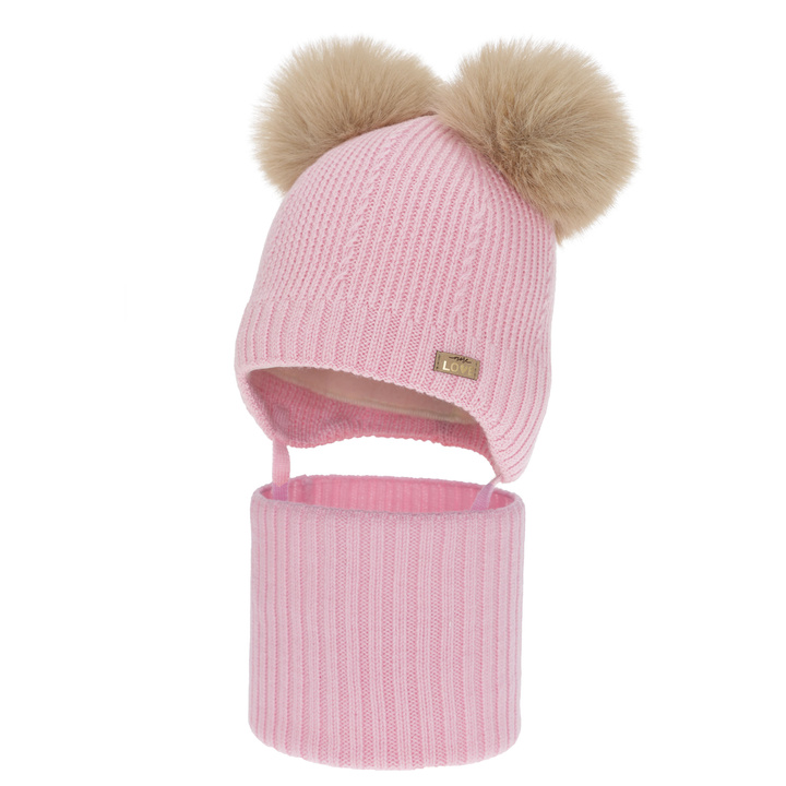 Girl's hat and tube scarf, winter set, pink, 100% merino wool, lined with wool fleece, Lumia