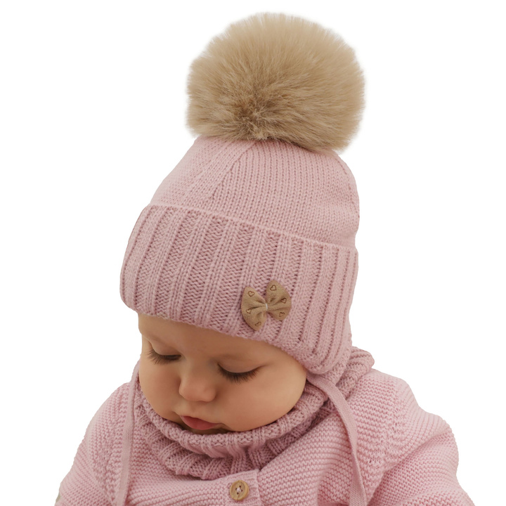 Girl's winter set: hat and tube scarf pink with pompom Talena