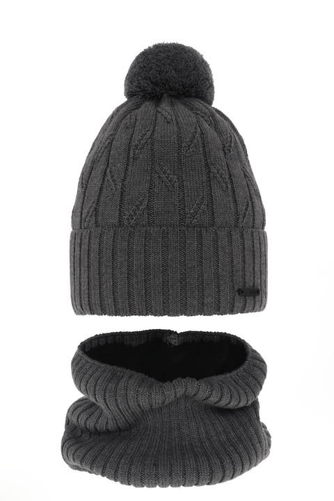 Boy's winter set: hat and tube scarf grey merino wool Talar with pompom