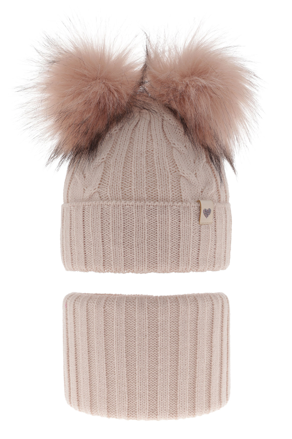Girl's winter set: hat and tube scarf pink with two pompoms Amala