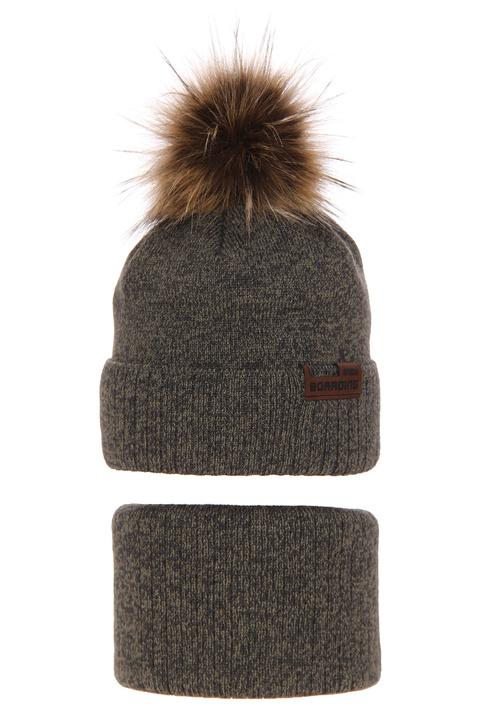 Boy's winter set: hat and tube scarf khaki Nolan with pompom