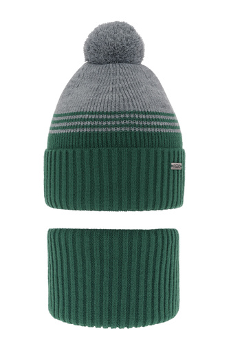 Boy's winter set: hat and tube scarf green with pompom Pallas