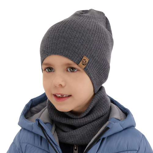 Boy's spring/ autumn set: hat and tube scarf grey 100% extra finemerino wool Richi