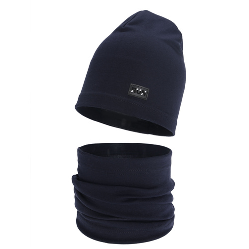 Boy's spring, autumn set: hat and tube scarf, navy blue, cotton, Trivon