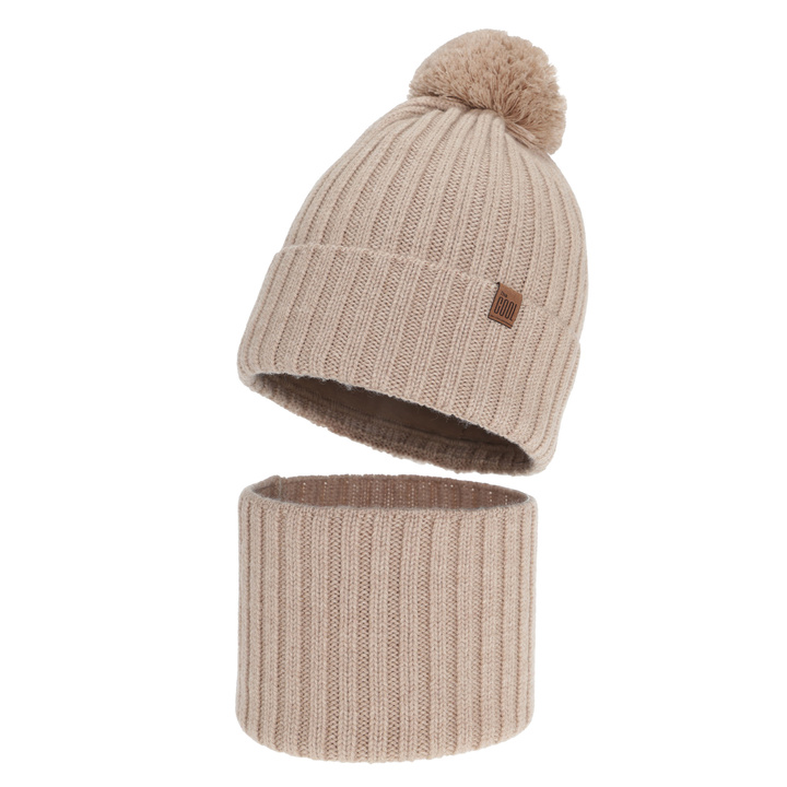 Boy's winter set: hat and tube scarf, beige, 100% merino wool, cotton lining, Tolmar