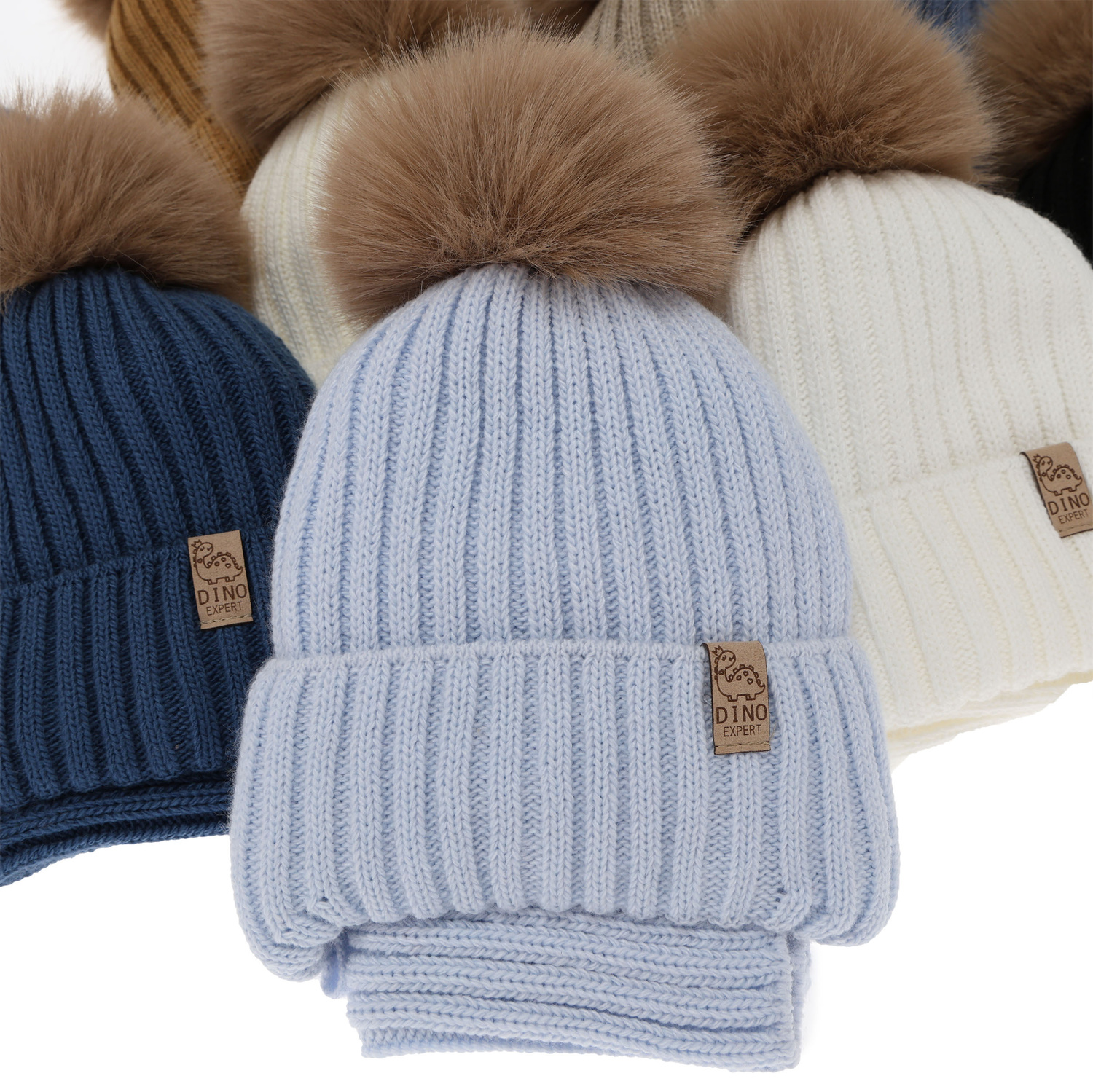 Boy's winter set: hat and tube scarf, beige, with pompom, Bagil