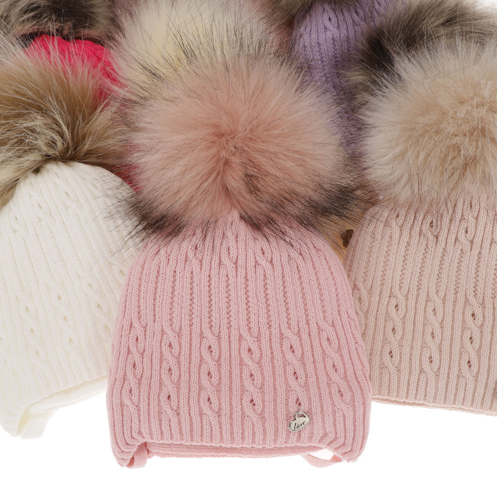 Girl's winter set: hat and scarf ecru with pompom Amana