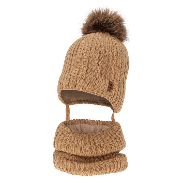Hat and tube scarf for boy winter set, camel, with merino wool, tied Zongo