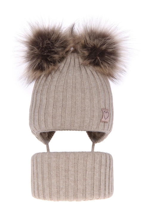 Girl's winter set: hat and tube scarf beige Telisa with two pompom