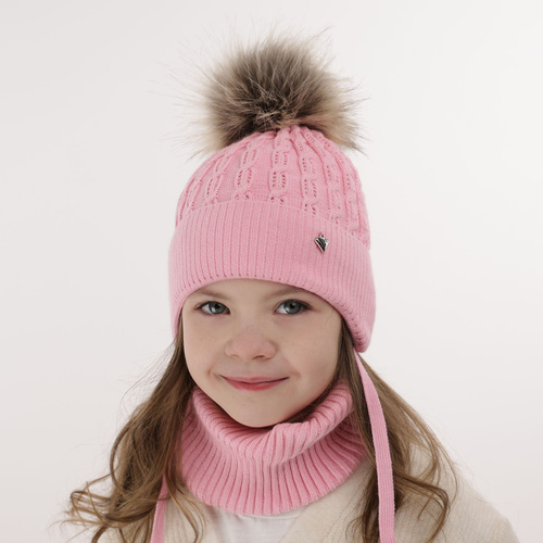 Girl's winter set: hat and tube scarf pink with pompom Tukana