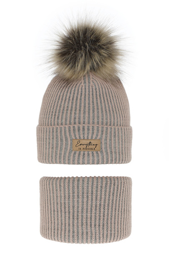 Girl's winter set: hat and tube scarf pink Floryda with pompom