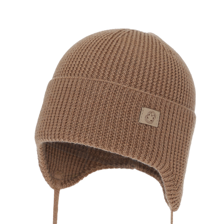 Boy's winter/ autumn/ spring hat, 100% merino wool, with ears, camel, Bakadi