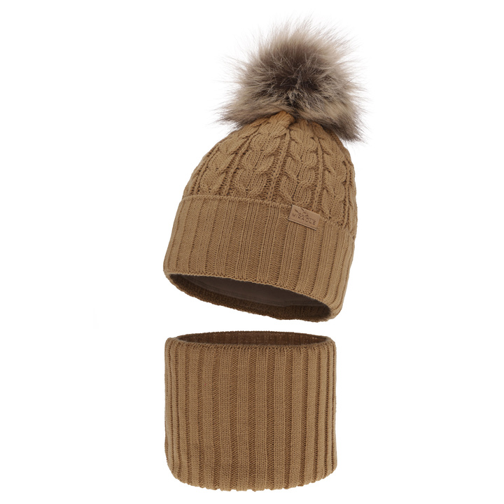 Girl's winter set: hat and tube scarf camel Tanzania with pompom