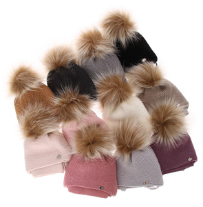 Girl's winter set: hat and scarf camel Aimi with pompom