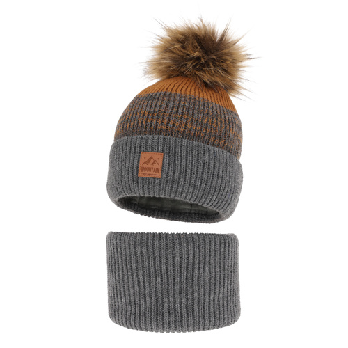 Boy's winter set: hat and tube scarf grey with pompom Buffalo