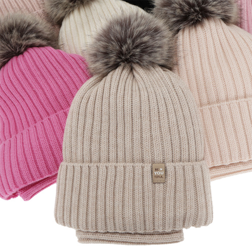 Girl's winter set: hat and tube scarf, beige, 100% merino wool, cotton lining, with pompom, Terida