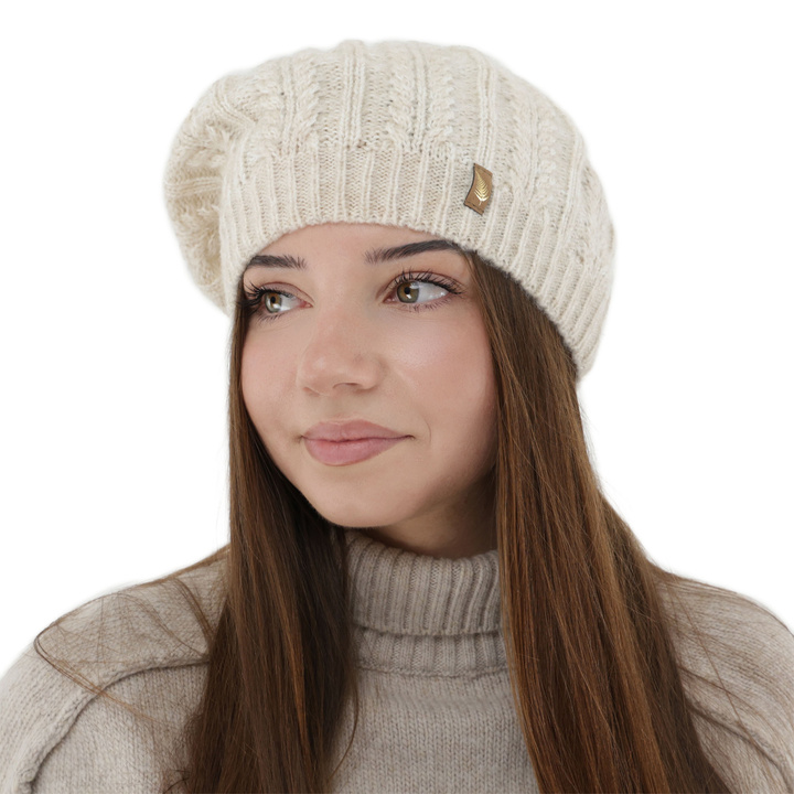 Woman's winter beret, light beige, with merino wool, Senja